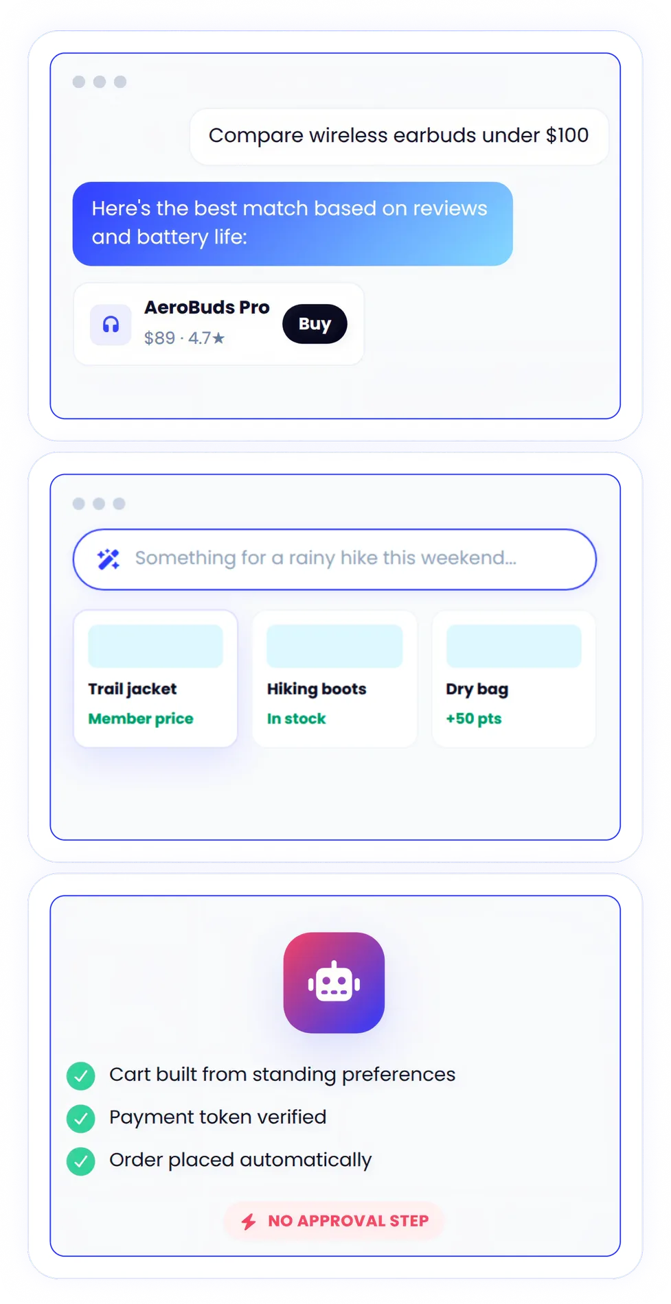 Three moments of agentic commerce stacked for mobile