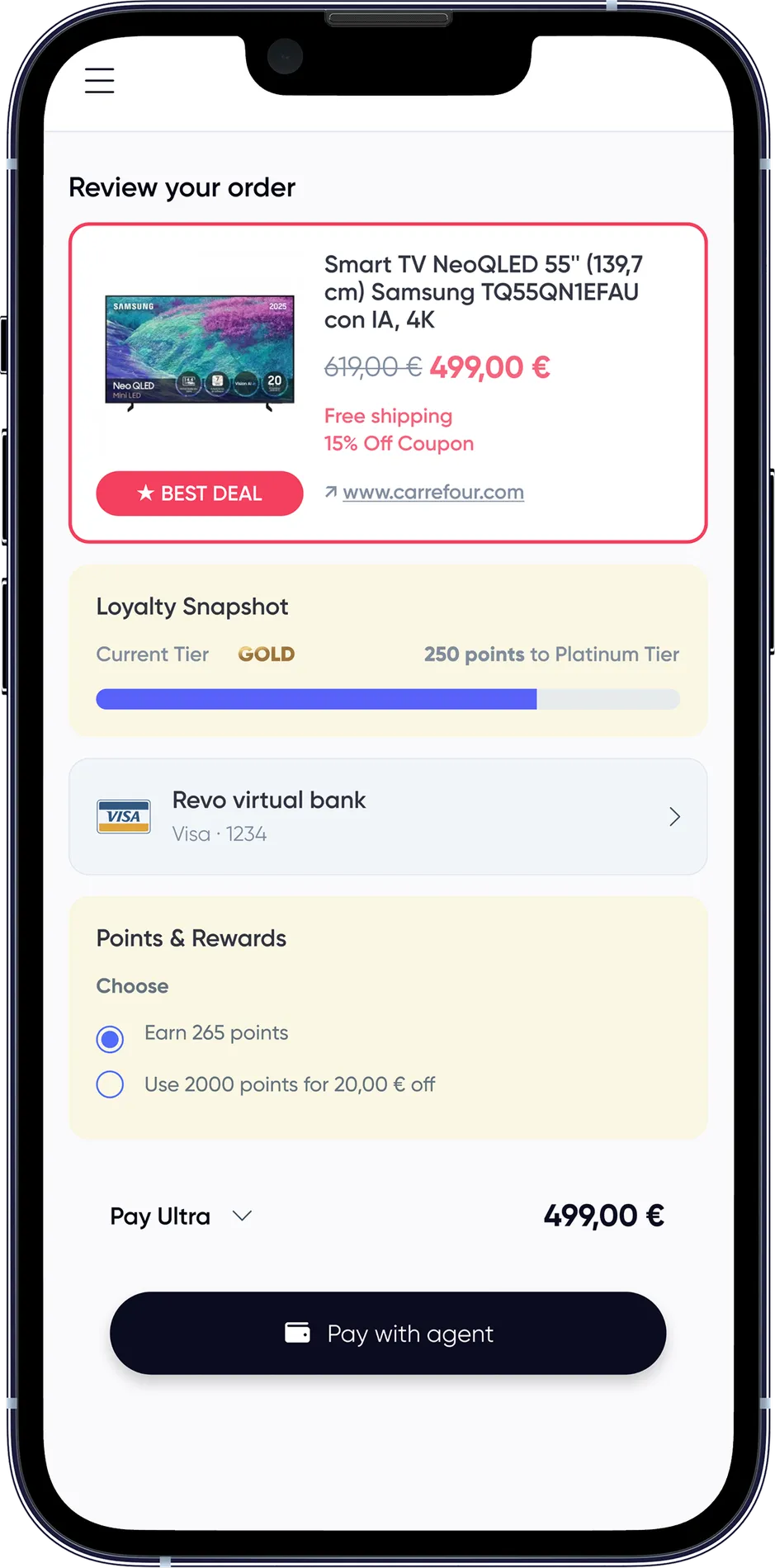 Phone mockup showing checkout with loyalty snapshot and applied offers