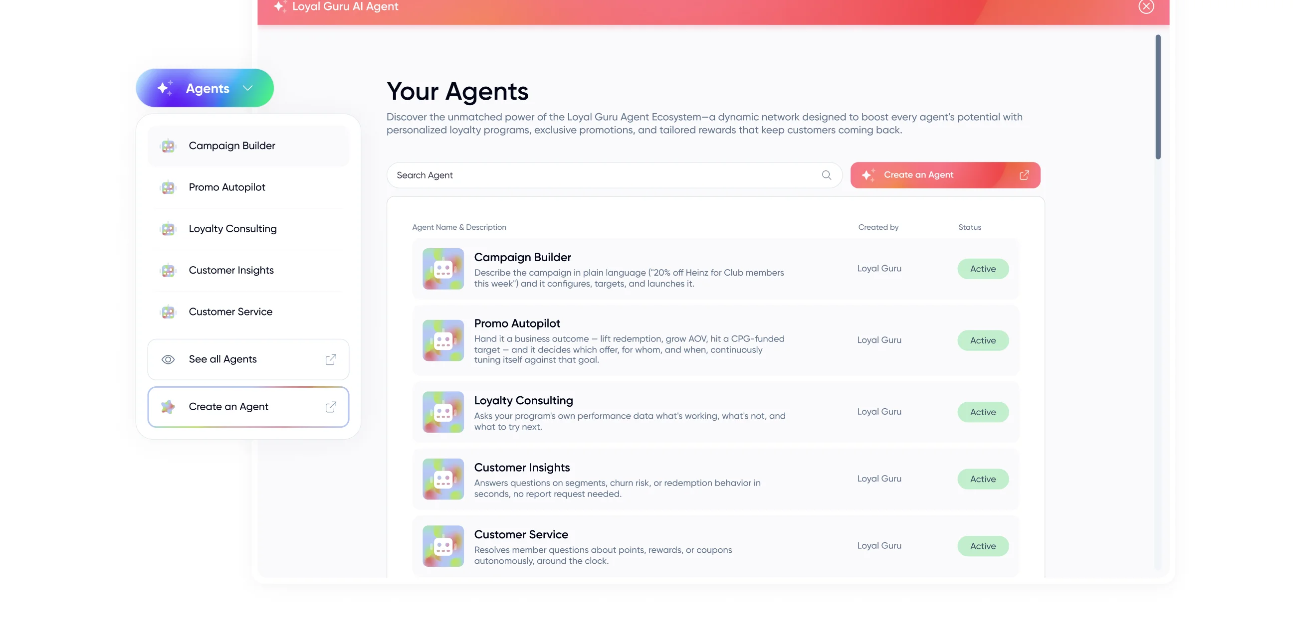 Loyal Guru agent builder showing Your Agents list and create agent controls