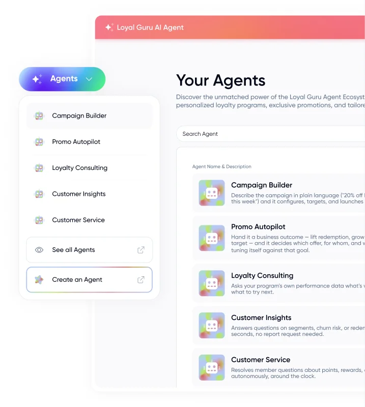 Loyal Guru agent builder with Agents menu and Your Agents list